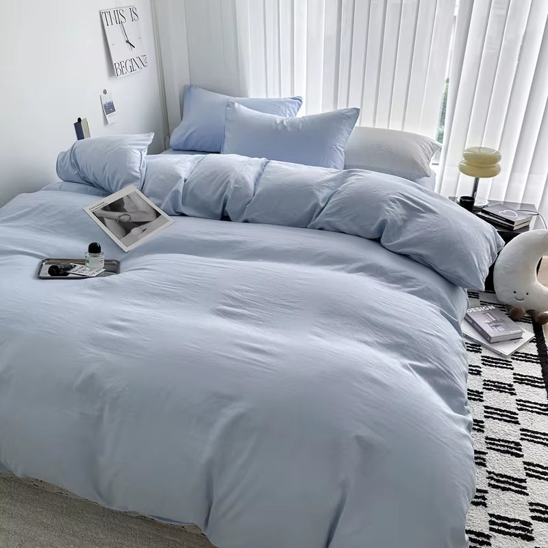 Solid Bed Linen Cotton Bedding Set with Sheet Duvet Cover Pillowcase Single Couple Bedsheet King Queen Double Twin Size
