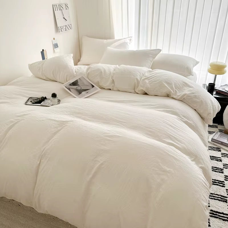 Solid Bed Linen Cotton Bedding Set with Sheet Duvet Cover Pillowcase Single Couple Bedsheet King Queen Double Twin Size