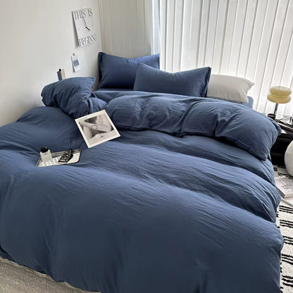 Solid Bed Linen Cotton Bedding Set with Sheet Duvet Cover Pillowcase Single Couple Bedsheet King Queen Double Twin Size