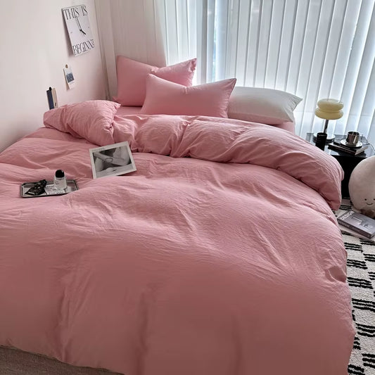 Solid Bed Linen Cotton Bedding Set with Sheet Duvet Cover Pillowcase Single Couple Bedsheet King Queen Double Twin Size