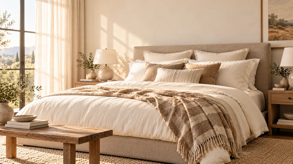 Chambre lumineuse, linge ivoire et plaid beige — visuel d’inspiration MAAVEA